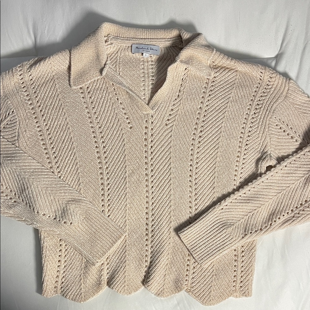 Michael Stars Cream Pointelle V-Neck Collared Sweater - Small